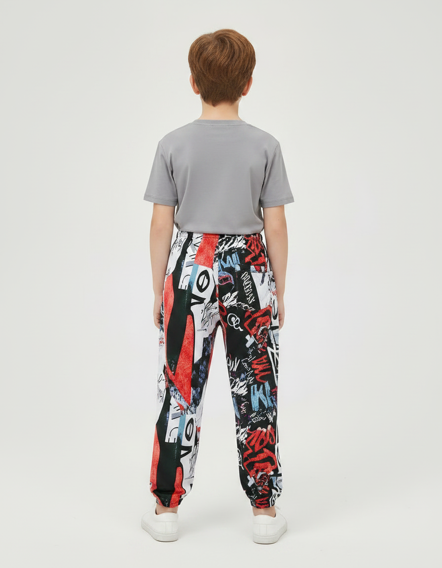 Pantalon Fluide Imprimé Abstrait Rouge Noir Garçon Coton - vue 2