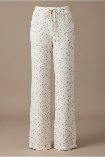 Pantalon Fluide Évasé Imprimé Floral Taille Haute Crème - Beige Maille - vue 3