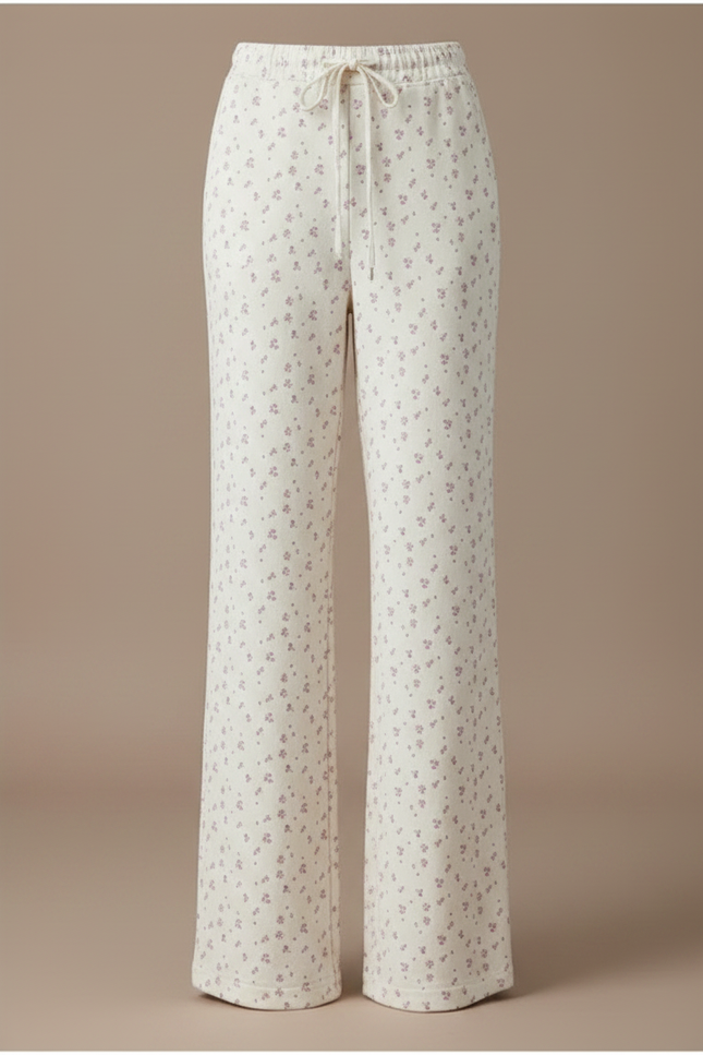 Pantalon Fluide Évasé Imprimé Floral Taille Haute Crème - Beige Maille - vue 3