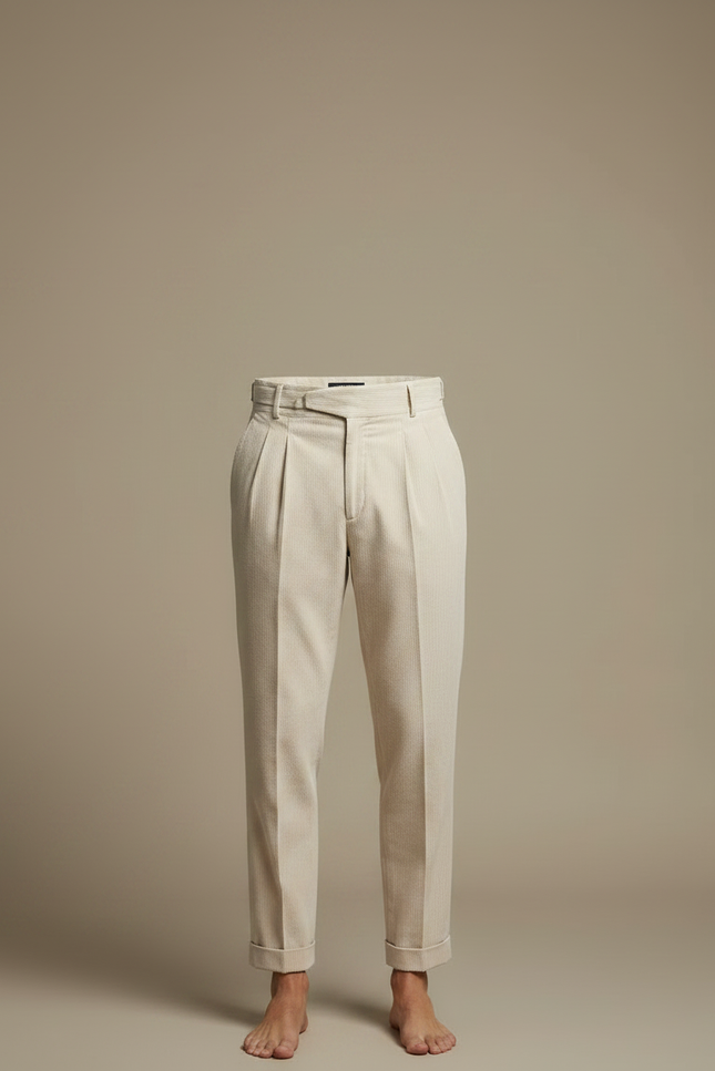 Pantalon Fluide Beige Côtelé Plissé Élégant Homme - Cordé - vue 3