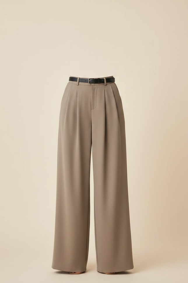 Pantalon Fluide Élégeant Taille Haute Plissé Marron Ample - Polyester - vue 3