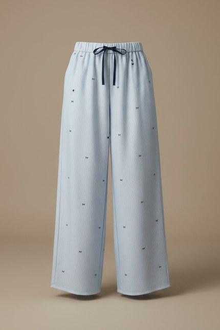 Pantalon Fluide Bleu Ciel Rayé Ample Confortable Motif Nœuds - Coton - vue 3
