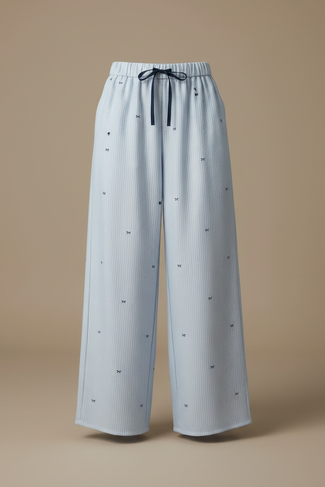 Pantalon Fluide Bleu Ciel Rayé Ample Confortable Motif Nœuds - Coton - vue 3