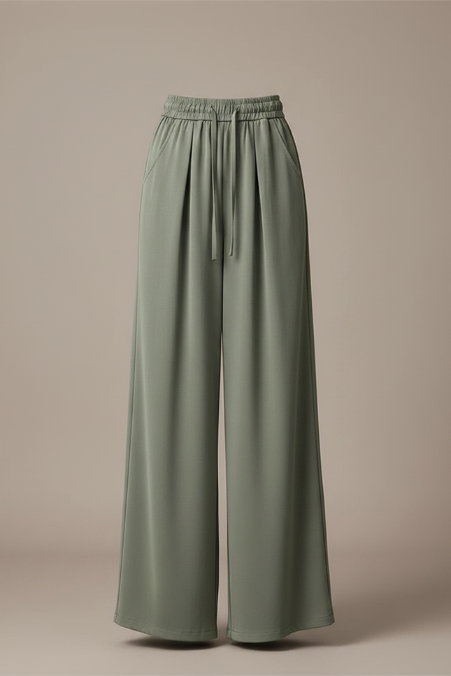 Pantalon Fluide Vert Ample Cordon Décontracté Élégant - Kaki Viscose - vue 3