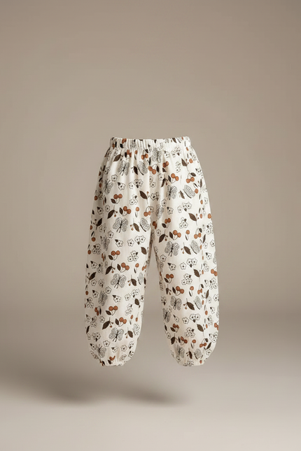 Pantalon Fluide Écru Ample Imprimé Papillons Cerises - Beige Coton - vue 3