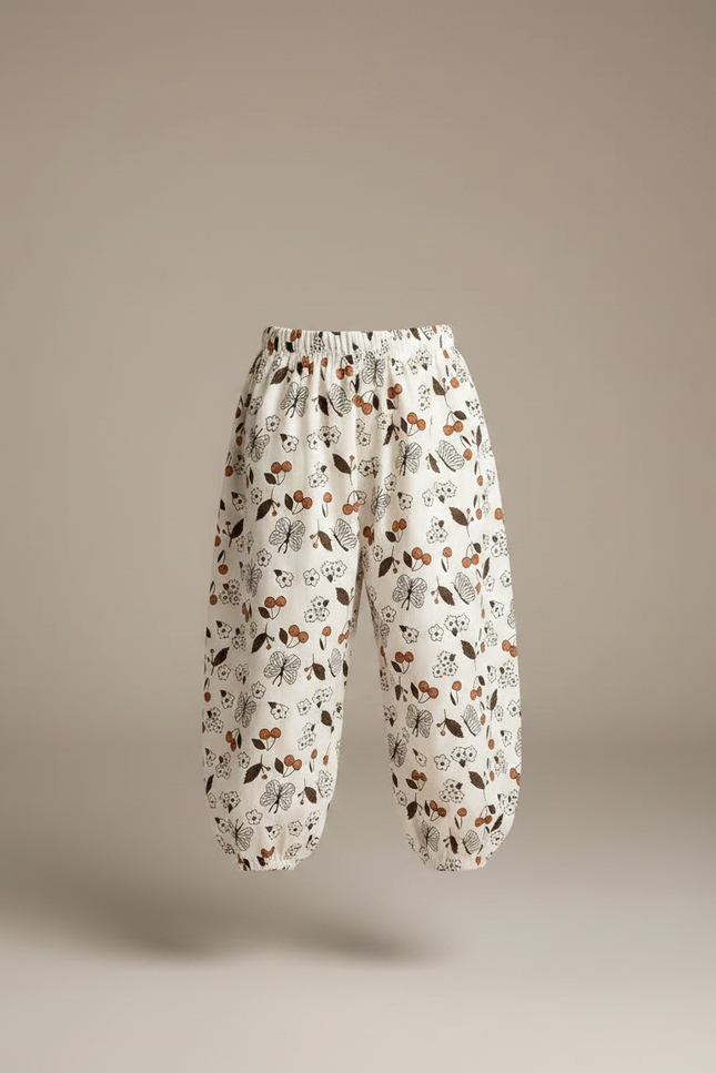 Pantalon Fluide Écru Ample Imprimé Papillons Cerises - Beige Coton - vue 3