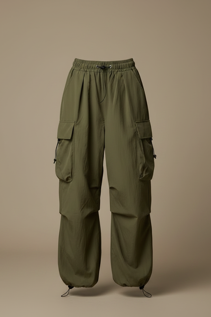 Pantalon Fluide Cargo Vert Ample Décontracté Streetwear - Kaki Polyester - vue 3