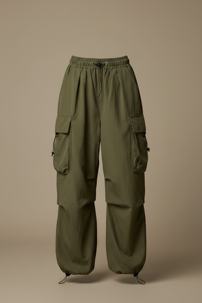Pantalon Fluide Cargo Vert Ample Décontracté Streetwear - Kaki Polyester - vue 3