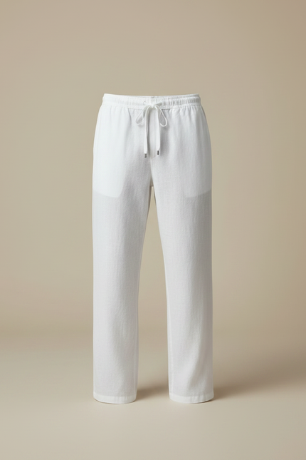 Pantalon Fluide Lin Blanc Décontracté Ample Cordon Homme - vue 3