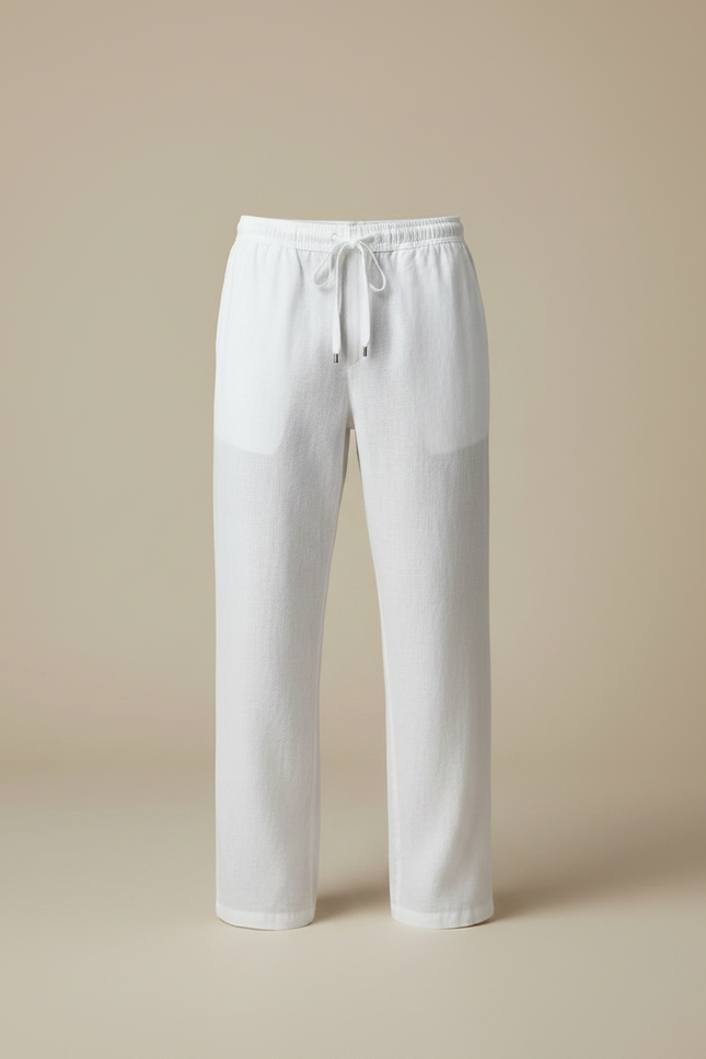 Pantalon Fluide Lin Blanc Décontracté Ample Cordon Homme - vue 3