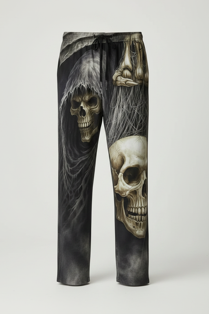 Pantalon Fluide Noir Ample Imprimé Crânes Gothique Homme - Viscose - vue 3