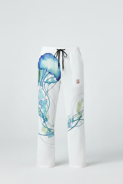 Pantalon Fluide Blanc Ample Imprimé Méduse Décontracté Homme - Lin - vue 3