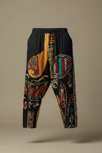 Pantalon Fluide Ethnique Noir Jaune Ample Imprimé Tribal - Multicolore Toile - vue 3