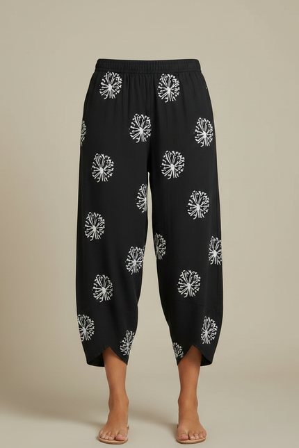 Pantalon Fluide Noir Ample Motif Floral Décontracté Femme - Viscose - vue 3