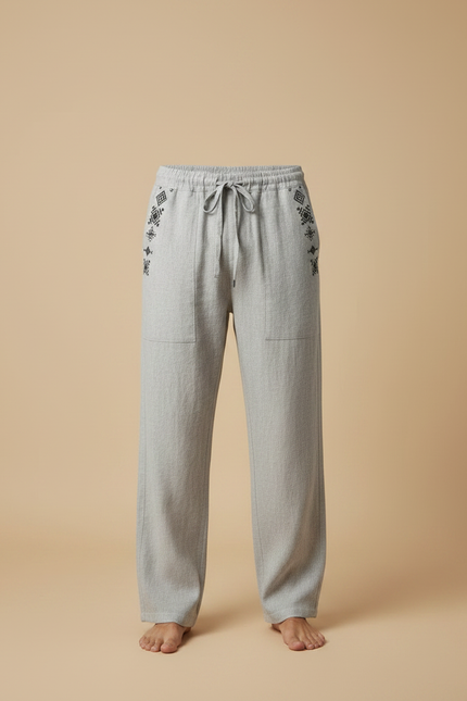 Pantalon Fluide Gris Lin Ample Décontracté Ethnique Homme - vue 3