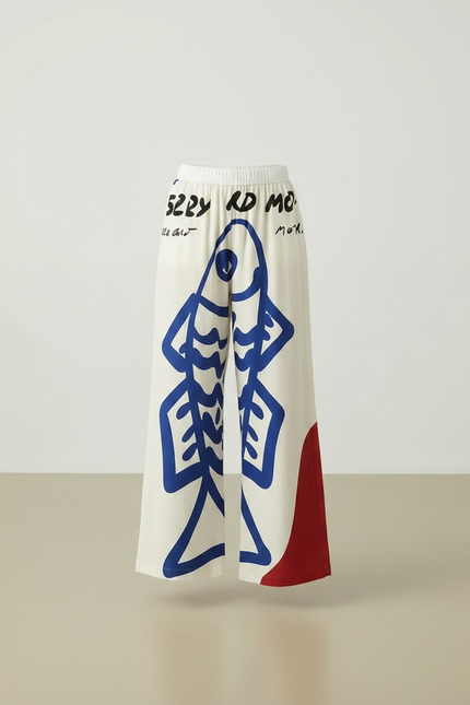 Pantalon Fluide Écru Ample Poissons Bleus Décontracté - Multicolore Viscose - vue 3