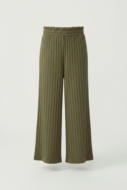 Pantalon Fluide Vert Côtelé Ample Tricoté Fille Décontracté - Kaki Maille - vue 3