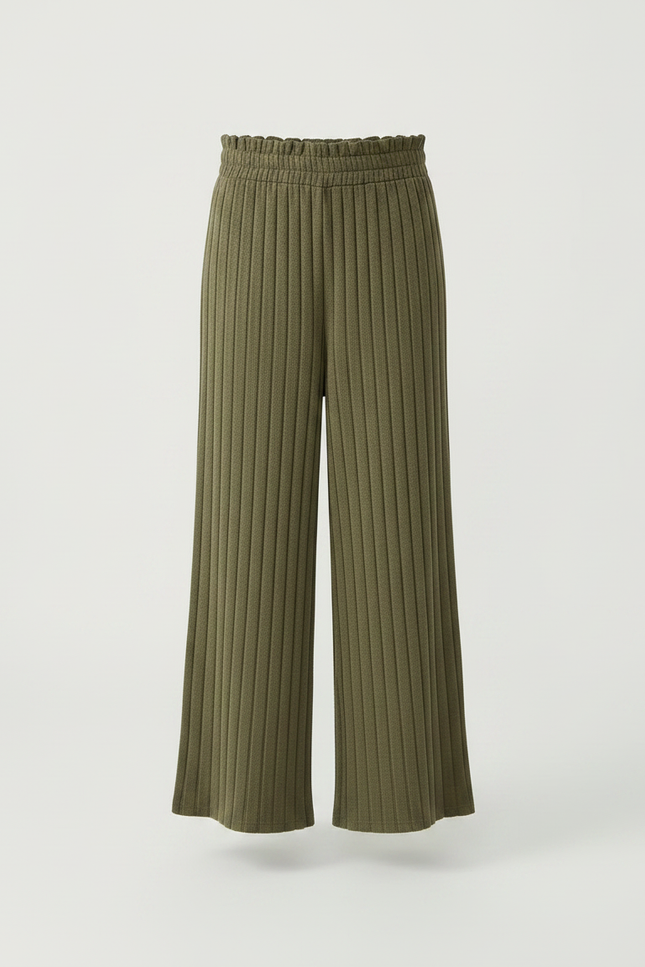 Pantalon Fluide Vert Côtelé Ample Tricoté Fille Décontracté - Kaki Maille - vue 3