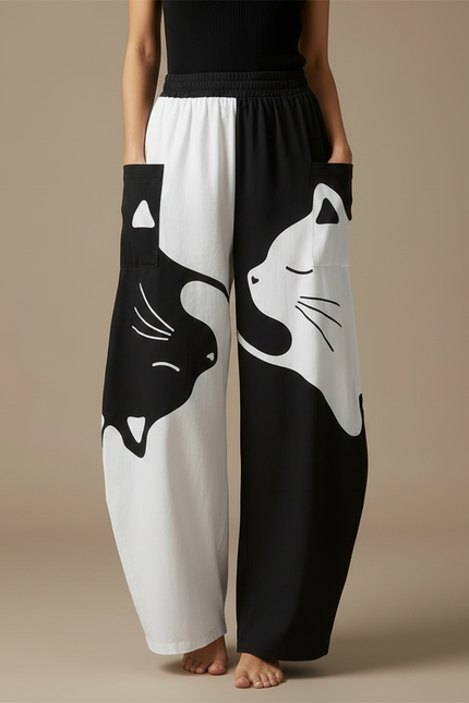 Pantalon Fluide Ample Bicolore Imprimé Chats Décontracté - Multicolore Viscose - vue 3