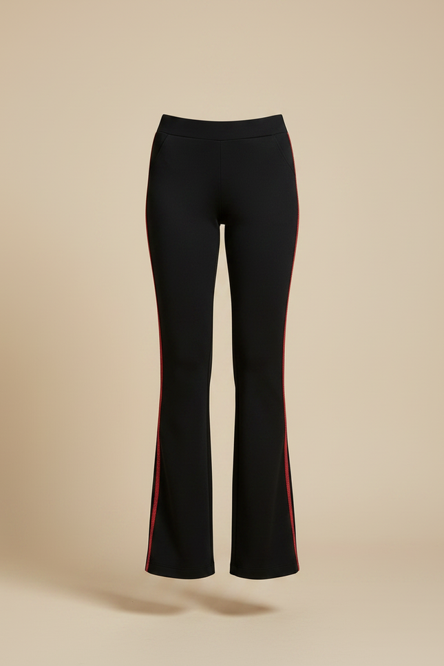 Pantalon Fluide Noir Évasé Bande Latérale Rouge - Polyester - vue 3