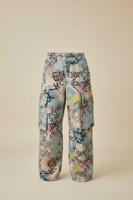 Pantalon Fluide Graffiti Ample Coloré Streetwear Enfant - Multicolore Lin - vue 3