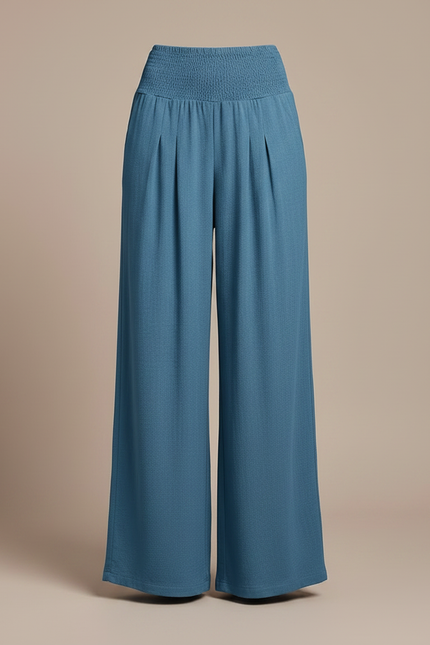 Pantalon Fluide Bleu Smocké Ample Plissé Décontracté - Viscose - vue 3