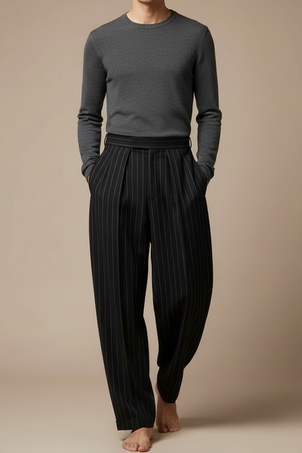 Pantalon Fluide Noir Rayé Ample Plissé Homme - Laine - vue 3
