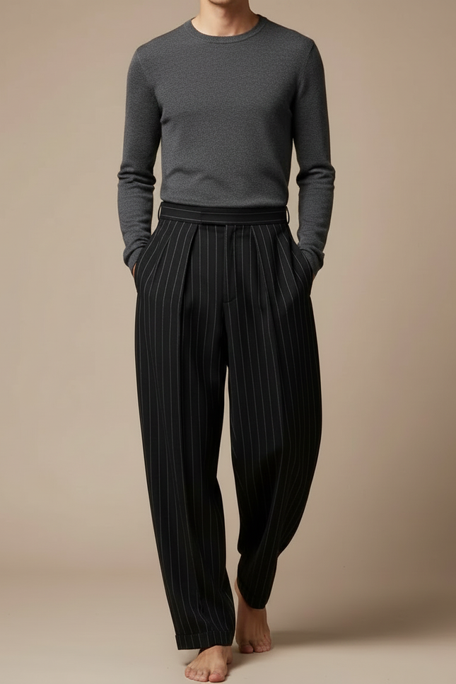 Pantalon Fluide Noir Rayé Ample Plissé Homme - Laine - vue 3