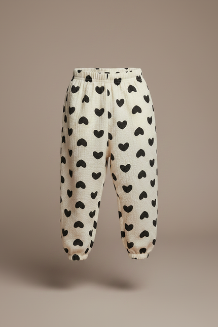 Pantalon Fluide Écru Cœurs Noirs Ample Enfants Coton - Beige - vue 3