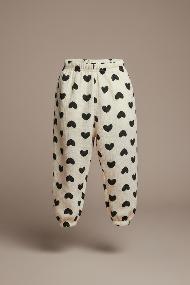 Pantalon Fluide Écru Cœurs Noirs Ample Enfants Coton - Beige - vue 3
