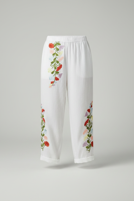 Pantalon Fluide Blanc Brodé Floral Ample Femme - Lin - vue 3