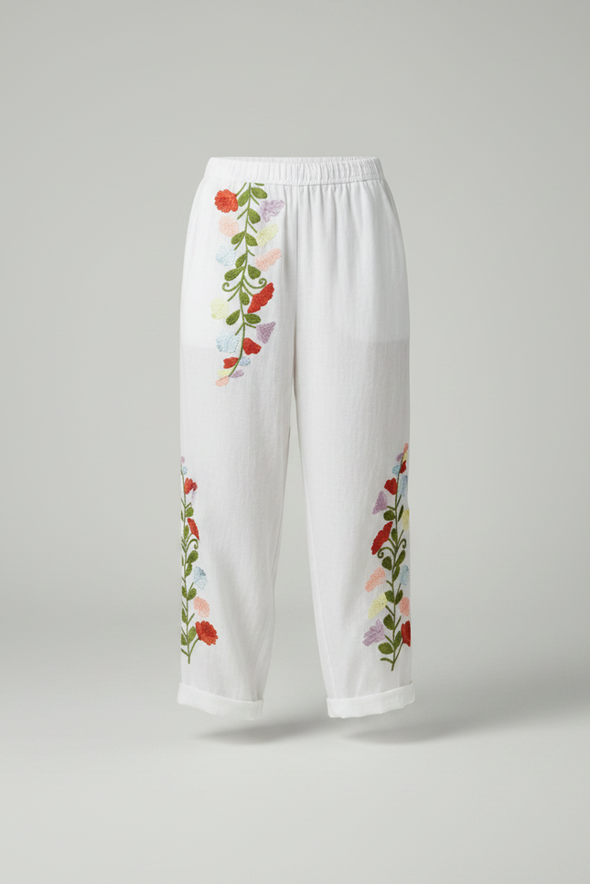 Pantalon Fluide Blanc Brodé Floral Ample Femme - Lin - vue 3