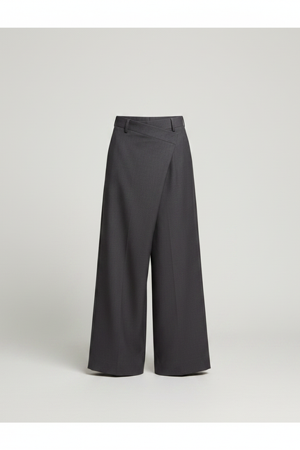Pantalon Fluide Gris Ample Taille Haute Asymétrique - Gabardine - vue 3
