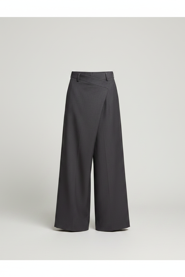 Pantalon Fluide Gris Ample Taille Haute Asymétrique - Gabardine - vue 3