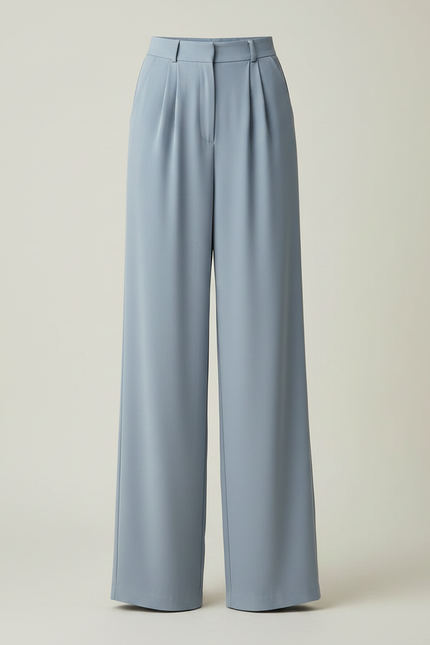 Pantalon Fluide Ample Taille Haute Droit Élégant - Bleu Polyester - vue 3