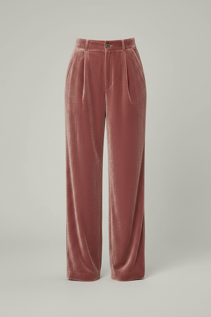Pantalon Fluide Velours Rose Taille Haute Plissé - vue 3