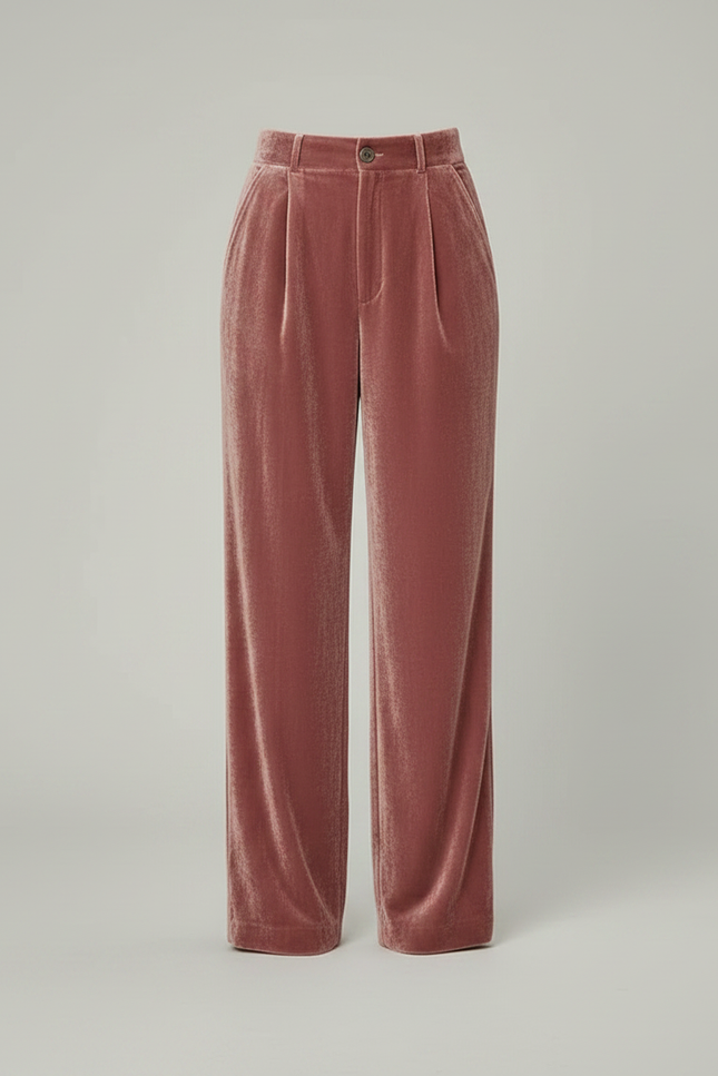 Pantalon Fluide Velours Rose Taille Haute Plissé - vue 3