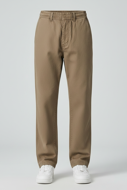 Pantalon Fluide Marron Droit Ample Décontracté Homme - Kaki Coton - vue 3