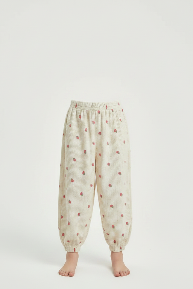 Pantalon Fluide Écru Côtelé Ample Fraises Enfant - Beige Cordé - vue 3