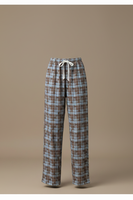 Pantalon Fluide Carreaux Plaid Marron Bleu Décontracté Ample - Multicolore Coton - vue 3