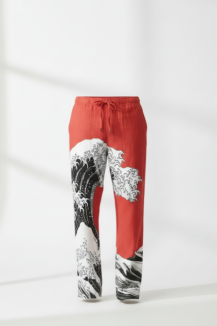 Pantalon Fluide Rouge Vagues Japonaises Ample Homme - Lin - vue 3