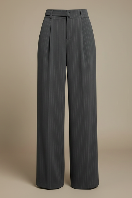 Pantalon Fluide Gris Rayé Taille Haute Ample Élégant - Gabardine - vue 3