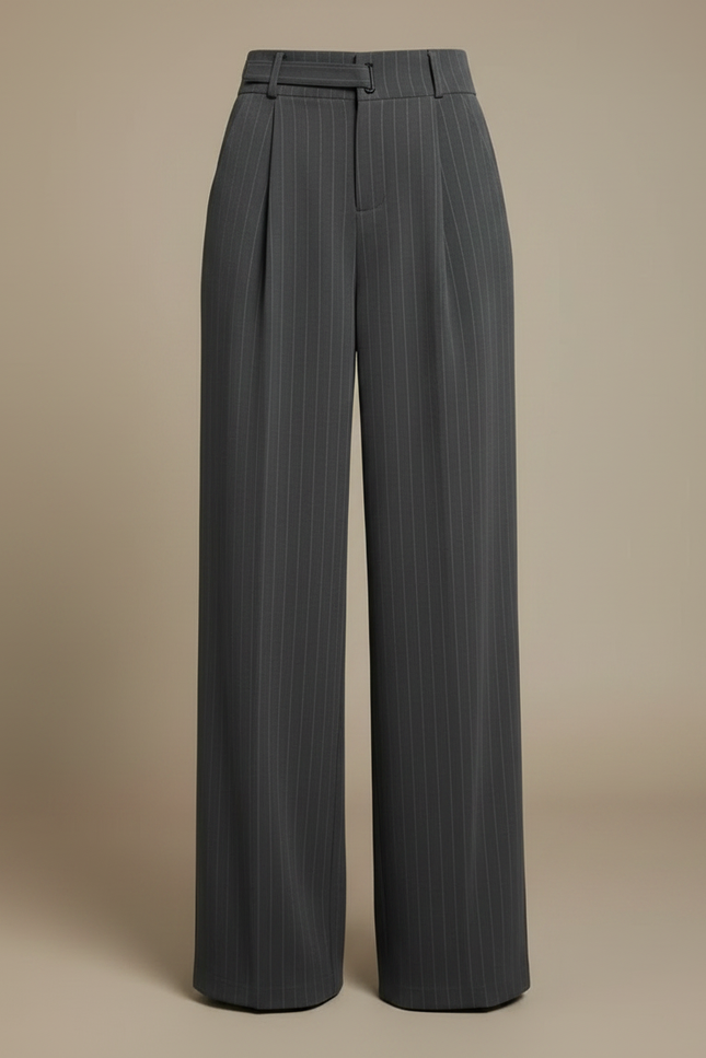 Pantalon Fluide Gris Rayé Taille Haute Ample Élégant - Gabardine - vue 3