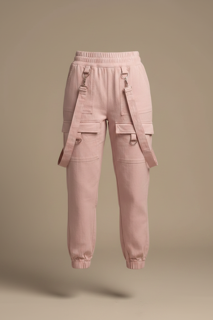 Pantalon Fluide Rose Cargo Bretelles Taille Haute Décontracté - Coton - vue 3