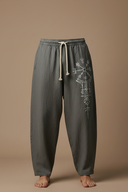 Pantalon Fluide Gris Ample Cordon Motif Viking Homme - Lin - vue 3