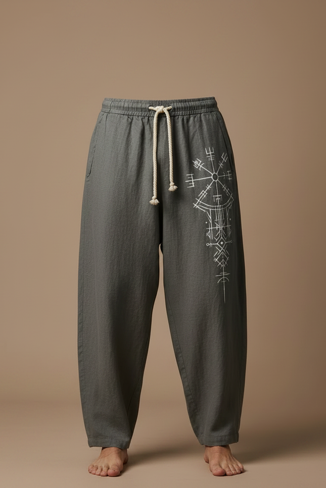 Pantalon Fluide Gris Ample Cordon Motif Viking Homme - Lin - vue 3