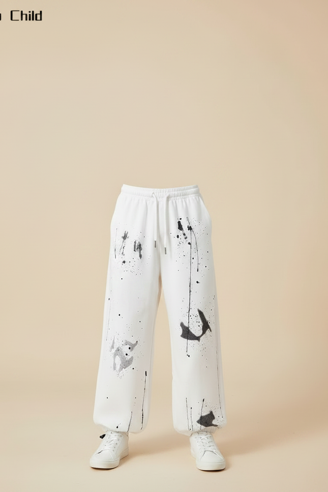 Pantalon Fluide Blanc Ample Éclaboussures Peinture Streetwear - Molleton - vue 3
