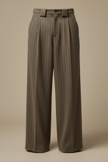 Pantalon Fluide Marron Rayé Ample Plissé Homme - Laine - vue 3