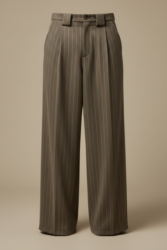 Pantalon Fluide Marron Rayé Ample Plissé Homme - Laine - vue 3