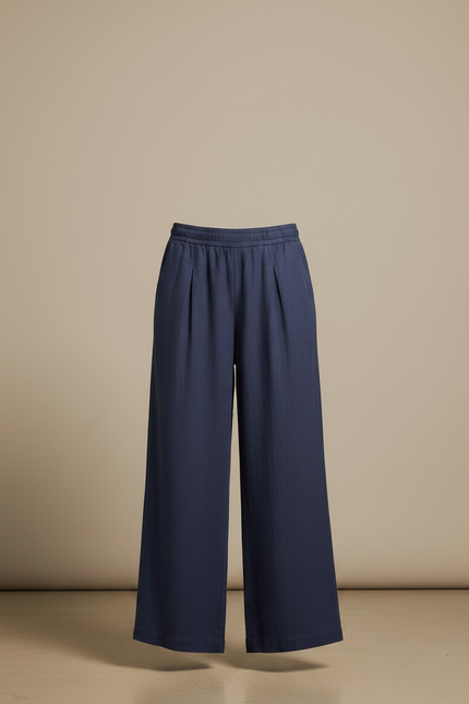 Pantalon Fluide Ample Lin Coton Bleu Marine Cordon - vue 3